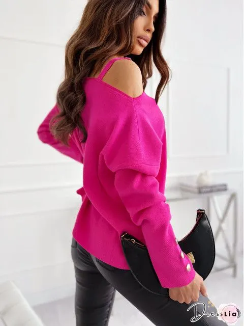 T-Shirts Boat Neck Off Shoulder Button Long Sleeve T-Shirt for Women