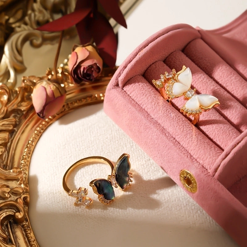 Copper 18K Gold Plated Inlay Butterfly Shell Zircon Open Rings