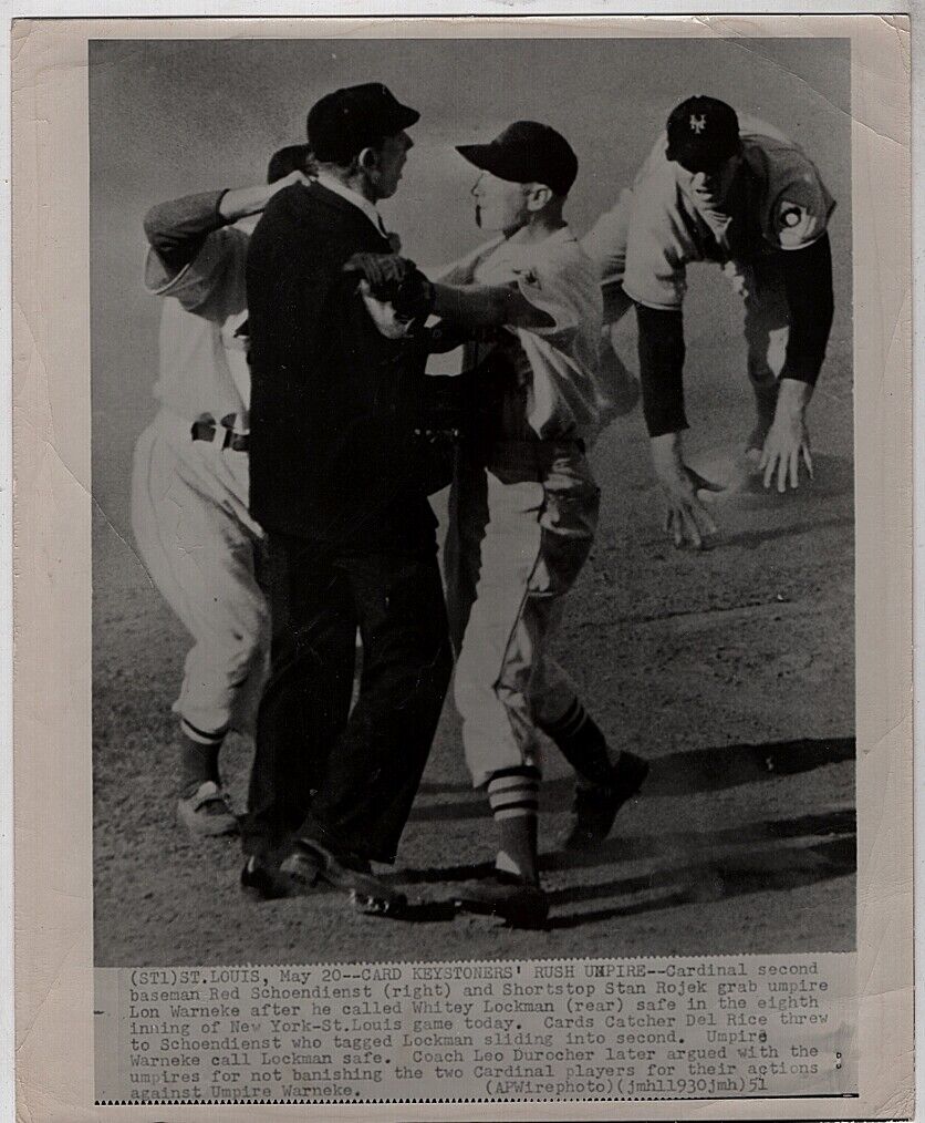 1951 RED SCHOENDIEST-WHITEY LOCKMAN-LON WARNEKE ACTION VINTAGE WIRE Photo Poster painting