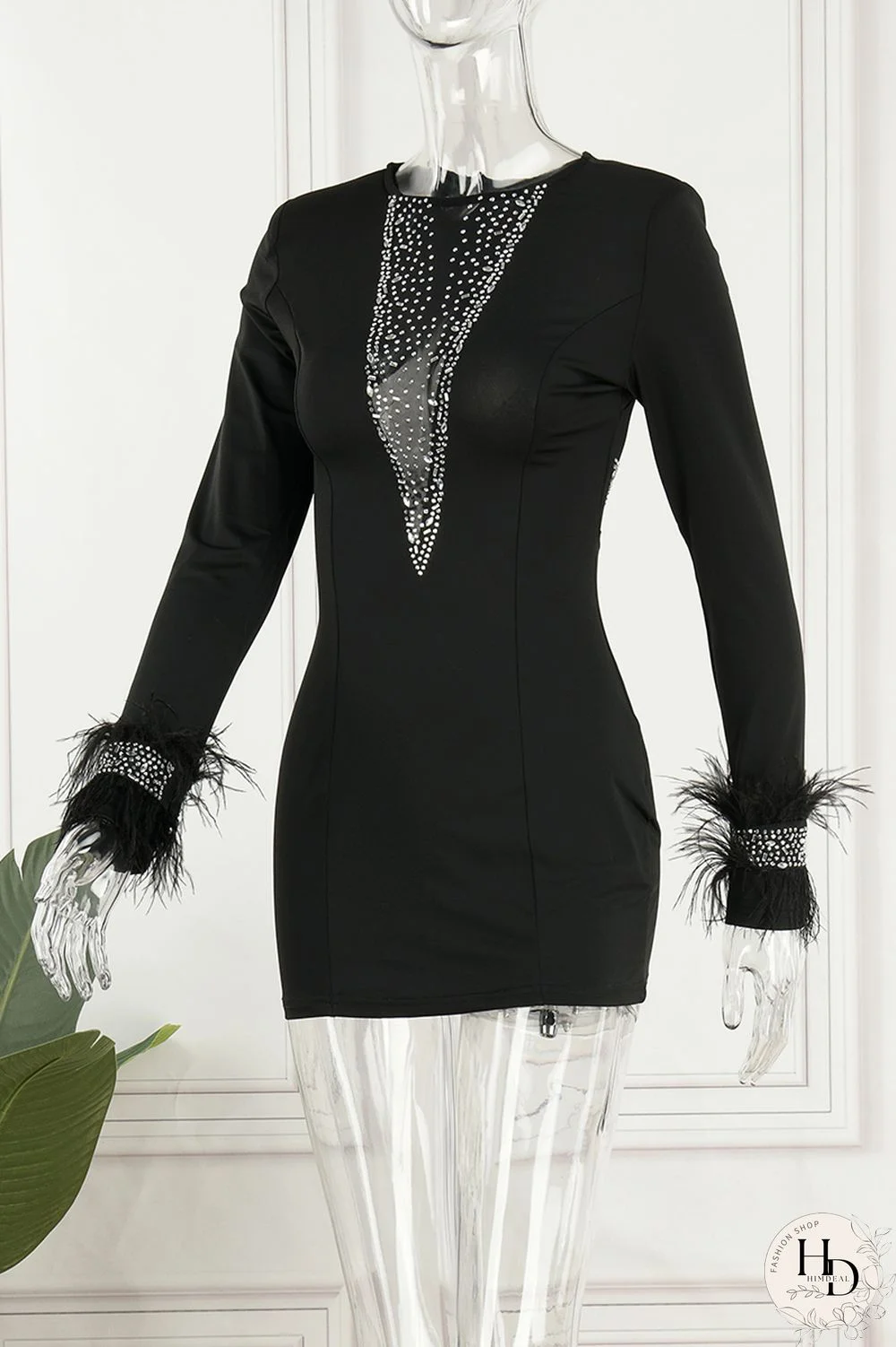 Black Sexy Hot Drilling Patchwork Hot Drill O Neck Sheath Dresses