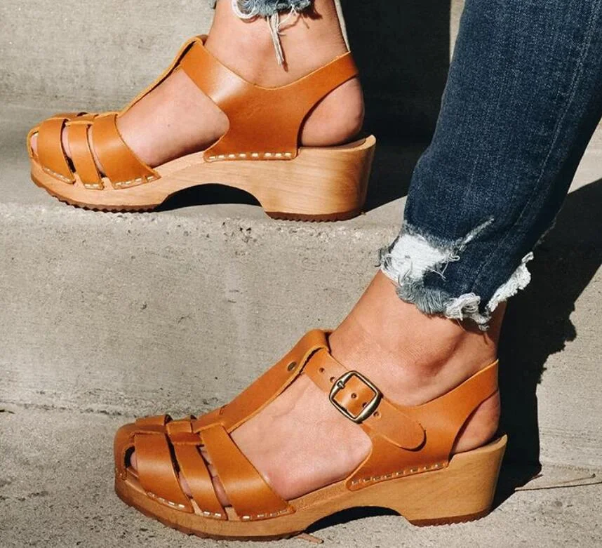 New Summer Women T Strap Sandals Mid Heels Platform Gladiator Ladies Shoes Black Closed Toe Beach Sandals Sandalias Mujer