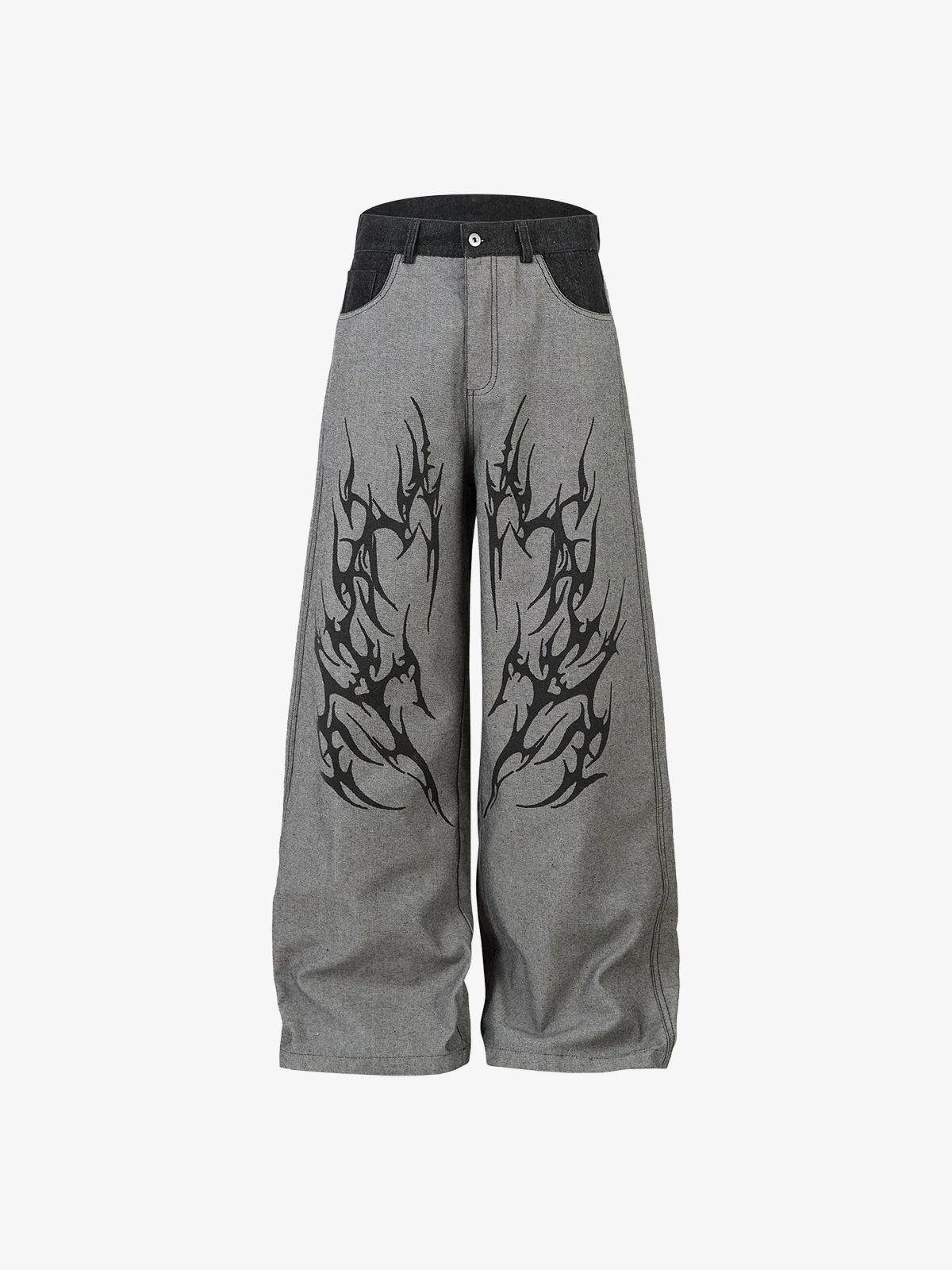 Grey Act Chic Color Block Patchwork Thorn Print Jeans Front