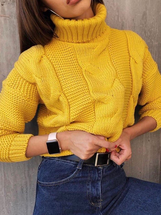 Yellow High Neck Sweet Jacquard Sweater