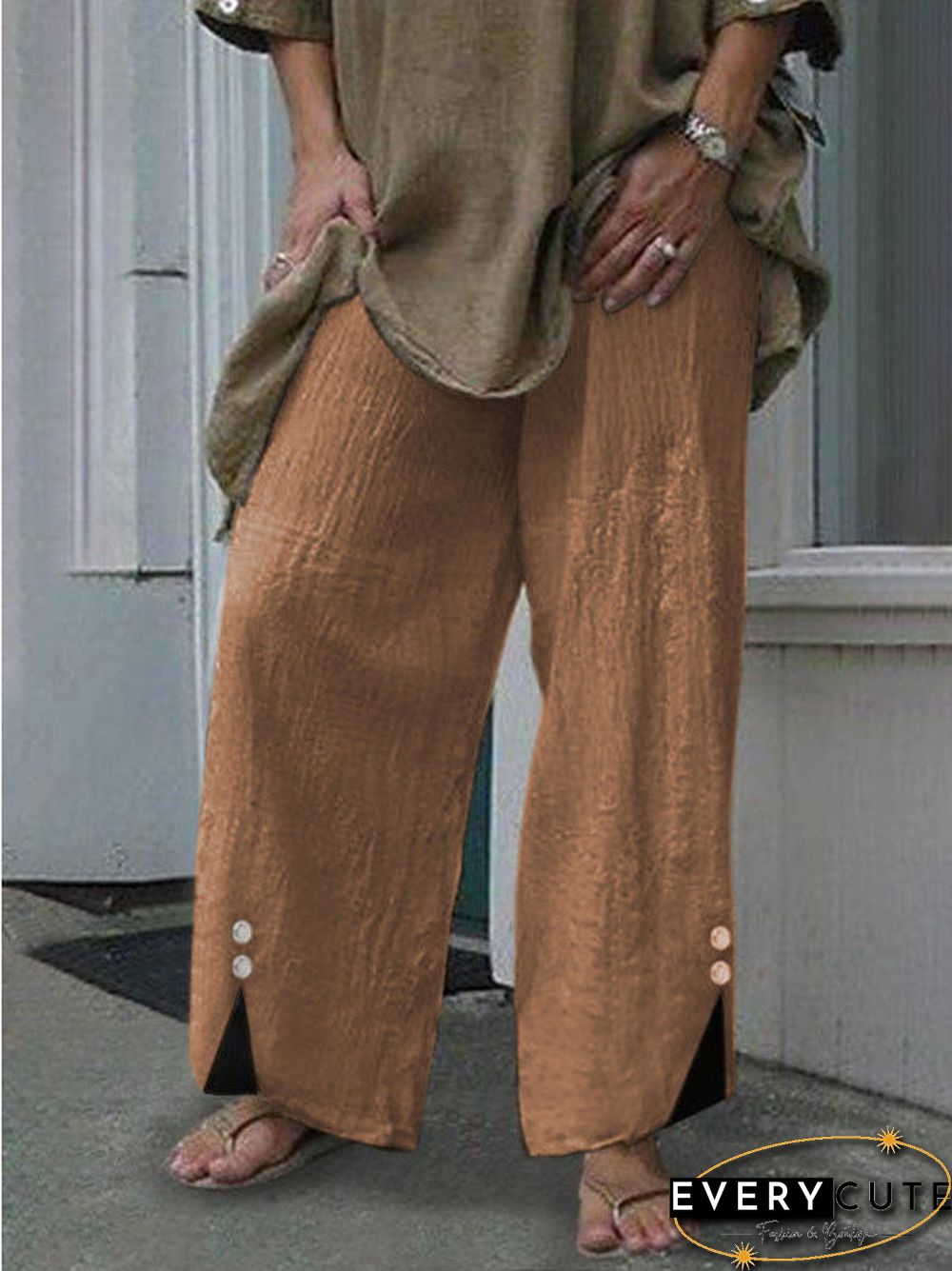 Women'S Pants Loose Solid Button Slit Pants