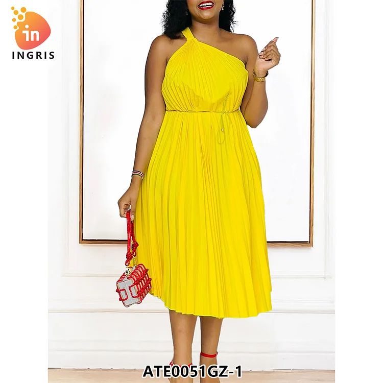 African Plus Size Casual Dresses Pleated Oblique Shoulder Large Swing Loose Midi Casual Dresses-ATE0051GZ