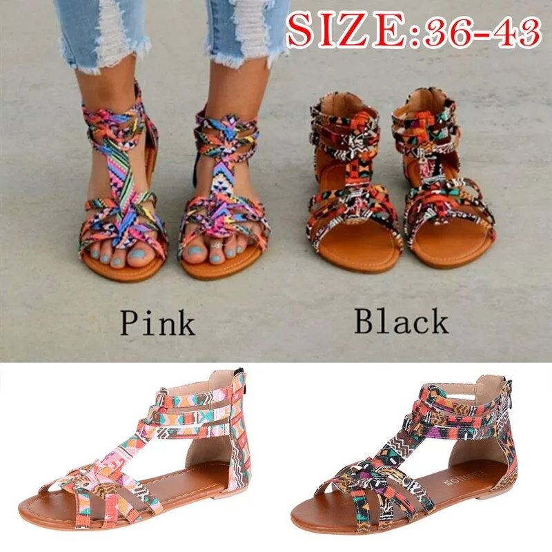 2020 Bohemian Women Flat Shoes Summer Roman Sandal Boho Sandalias Colorful Female Beach Flat Plus Size