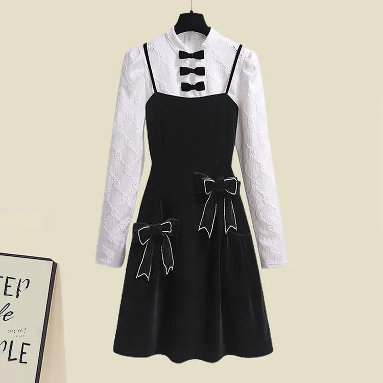 Plus Size Blossom Embroidery Shirt Bow Decor Slip Dress Two Pieces Set - Modakawa Modakawa