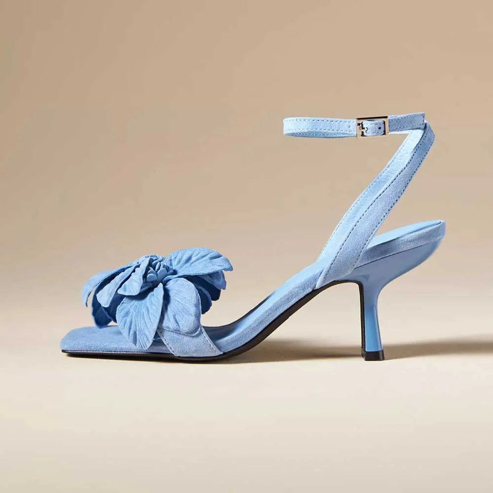 Sky Blue Vegan Suede Floral Ankle Strap Sandals With Kitten Heels Nicepairs