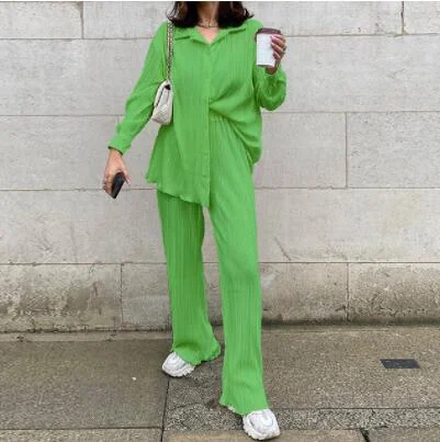 CM.YAYA Street Women's Set Long Sleeve Shirt Tops and Wide Leg Pants Elegant Tracksuit Two Piece Set Sweatsuit Fitness Outfits