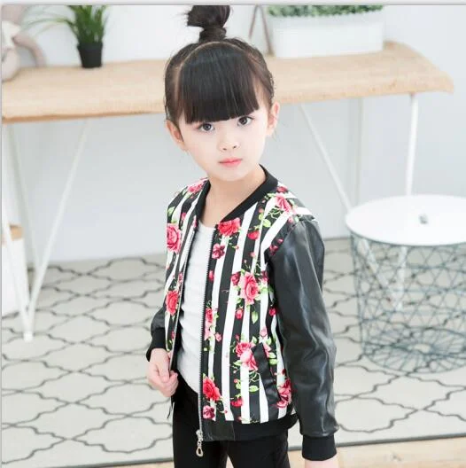 girls spring autumn jacket fashion pu Coats o-neck long sleeve printing flower Camouflage girls outwear girls clothes 3-9