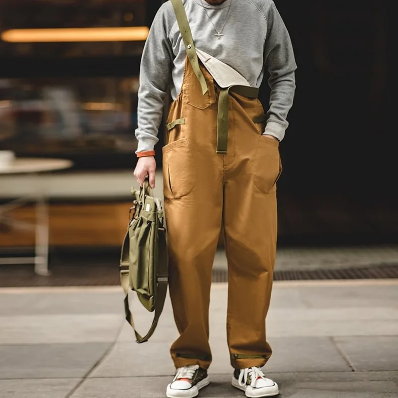 Retro Army Green Drawstring Contrast Color Adjustable Overalls