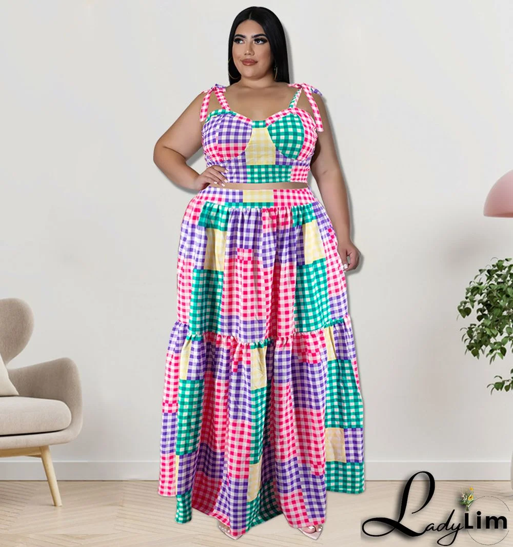 Plus Size Women Clothes Summer Plaid Crop Strap Top Loose Swing Skirt Two Piece Set