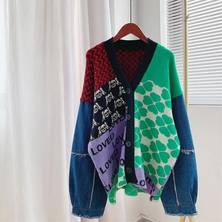 Four Leaf Clover Print Colorblock Denim Splice Cardigan Sweater - Modakawa Modakawa