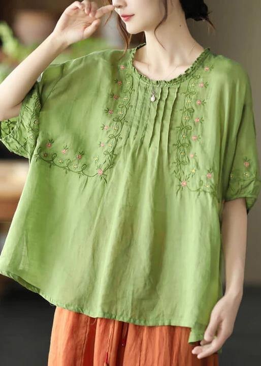 Women Green Floral Draped Ramie O-neck Embroidered Split T-shirt