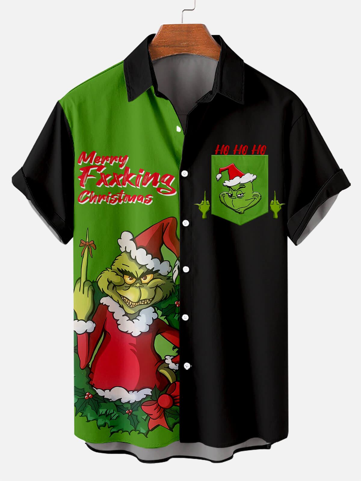 Men's Classic Christmas Fun Elf Print Short Sleeve Shirt PLUSCLOTHESMAN