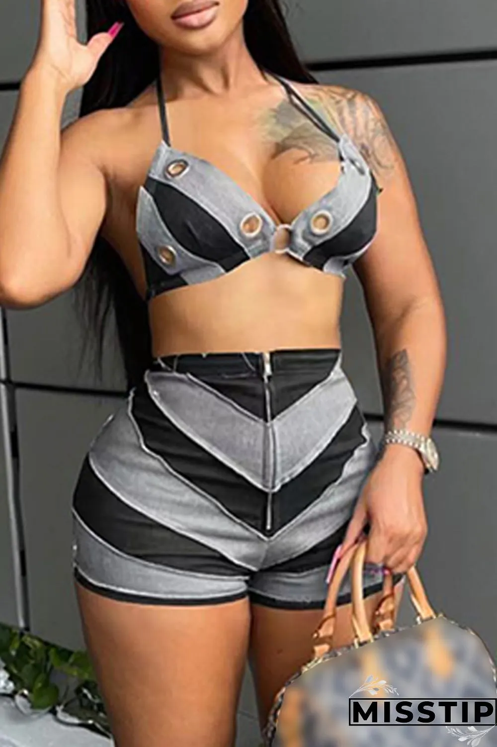 Blue Sexy Patchwork Bandage Hollowed Out Backless Contrast Halter Sleeveless Two Pieces