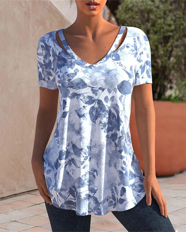 Ladies Casual Loose V Neck Printed Short Sleeve T-Shirt