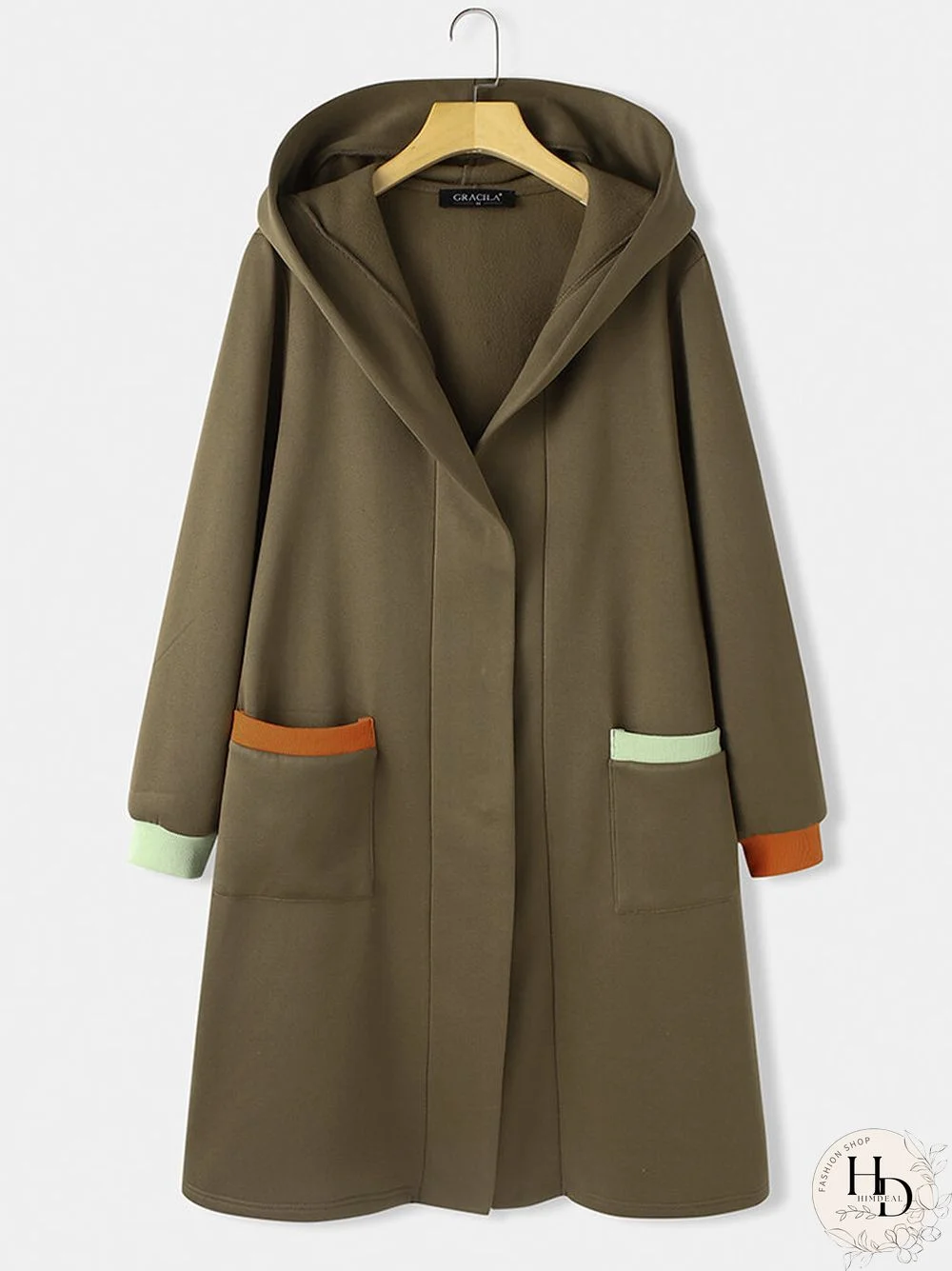 Patch Color Pocket Hooded Vintage Coat Long Jacket For Women