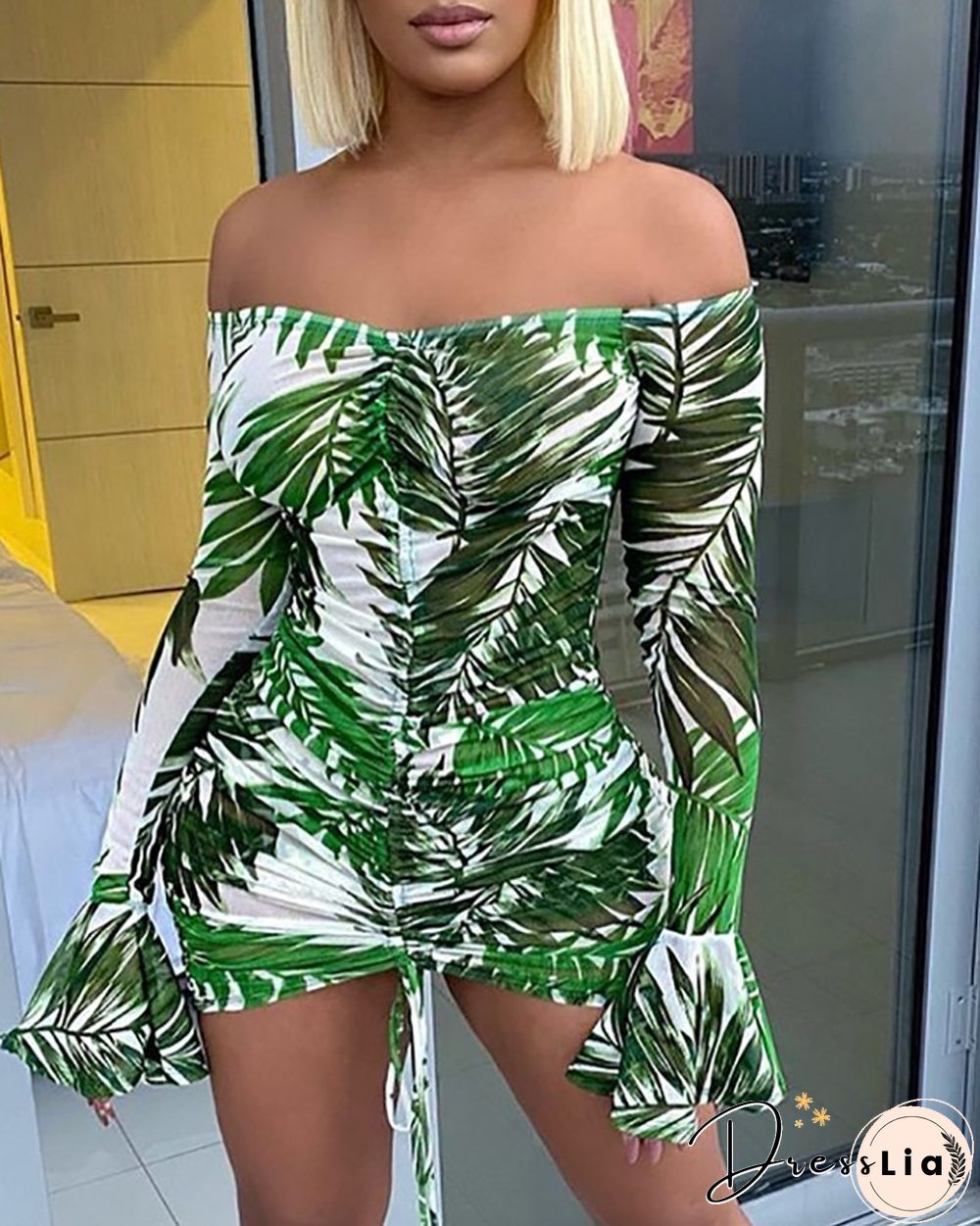 Palm Leaf Print Off Shoulder Bell Sleeve Drawstring Dress