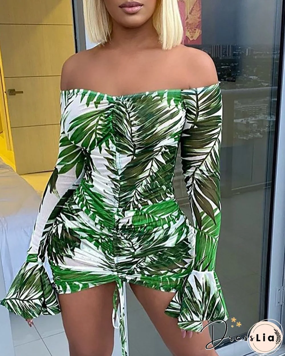 Palm Leaf Print Off Shoulder Bell Sleeve Drawstring Dress