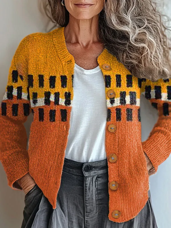 Vintage Abstract Geometric Art Print Buttoned Cardigan Sweater