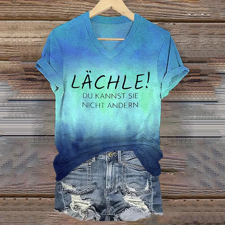 Comstylish Women's Lächle! Print V-Neck T-Shirt