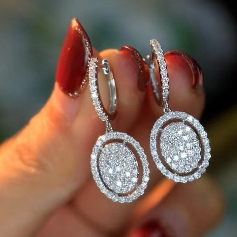 Oval Pendant Dangle Earrings for Women Luxury Cubic Zirconia Crystal Bling Bling Lady's Earrings Simple Classic Jewelry