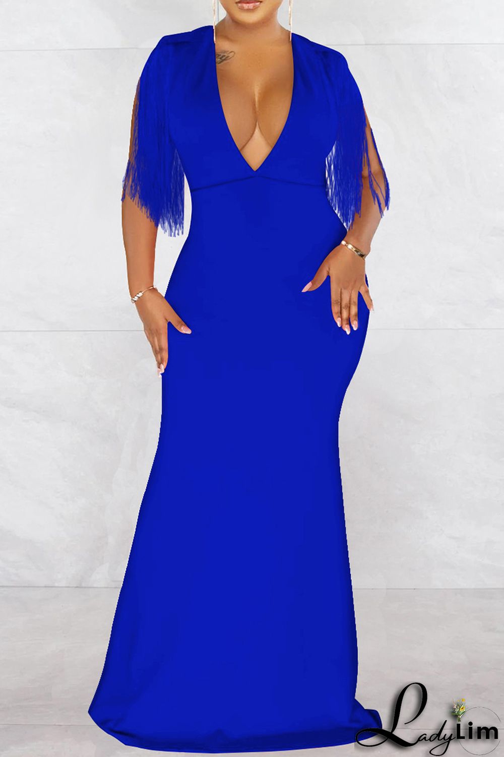 Red Fashion Sexy Solid Tassel Patchwork V Neck Long Dress