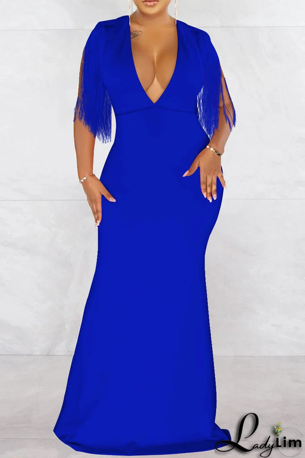 Red Fashion Sexy Solid Tassel Patchwork V Neck Long Dress