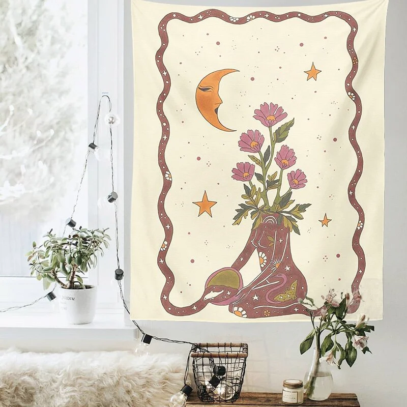 Tarot Card Tapestry Astrology Divination Witchcraft Sun Moon Goddess Sun Moon Star Wall Hanging Decor plant flower Tapestry