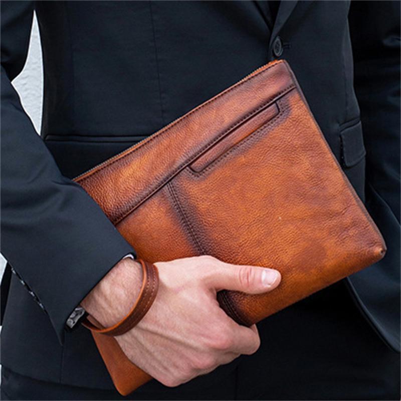 Simple Leather Casual Solid Color Zipper Design Business Clutch