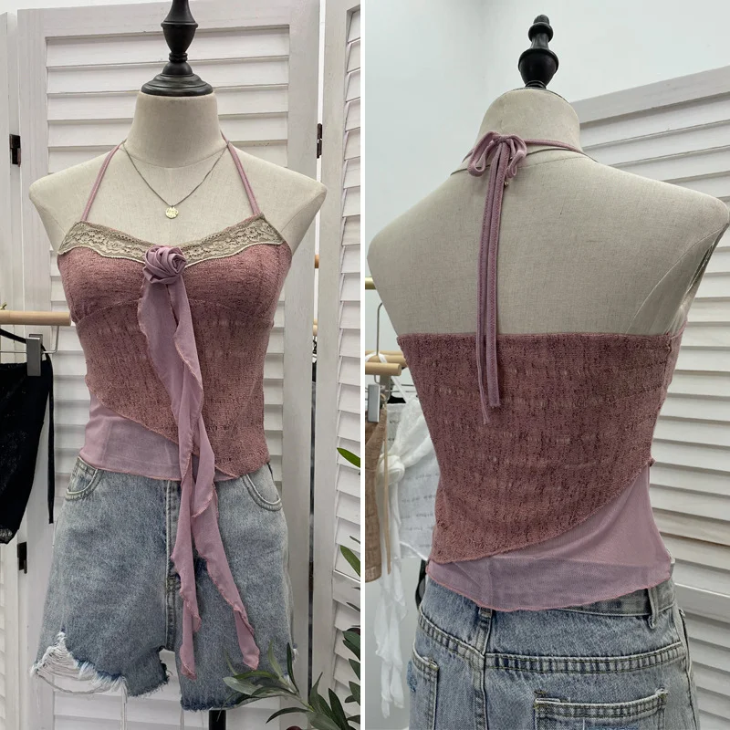 Uveng Real Shooting Pure Lust Style Set Hanging Neck Lace Hollow Sling Sling Vest + Short Lotus Leaf Side Shirt 88968