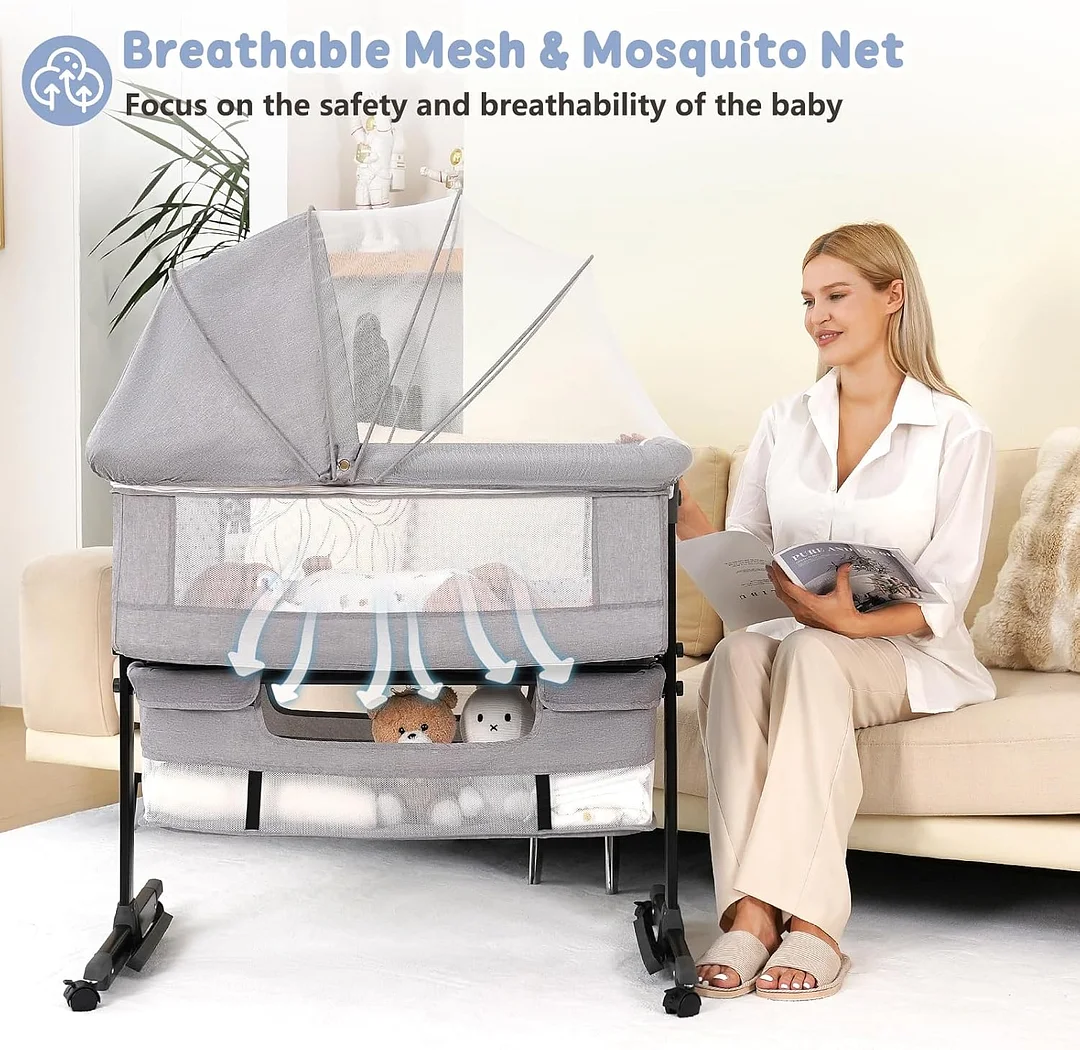 Baby Bassinet, 3 in 1 Bassinets Bedside Sleeper, Adjustable Height Bedside Sleeper with Rocking Mode, Breathable Mesh, Storage Basket, Wheels, Easy Assemble & Folding (Gray)