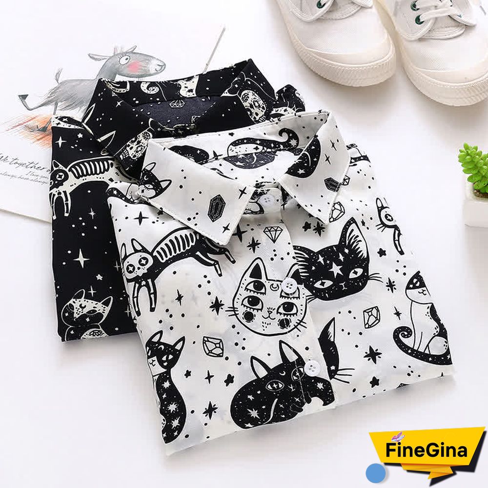 Kitty Print Long Sleeve Lapel Chiffon Shirt