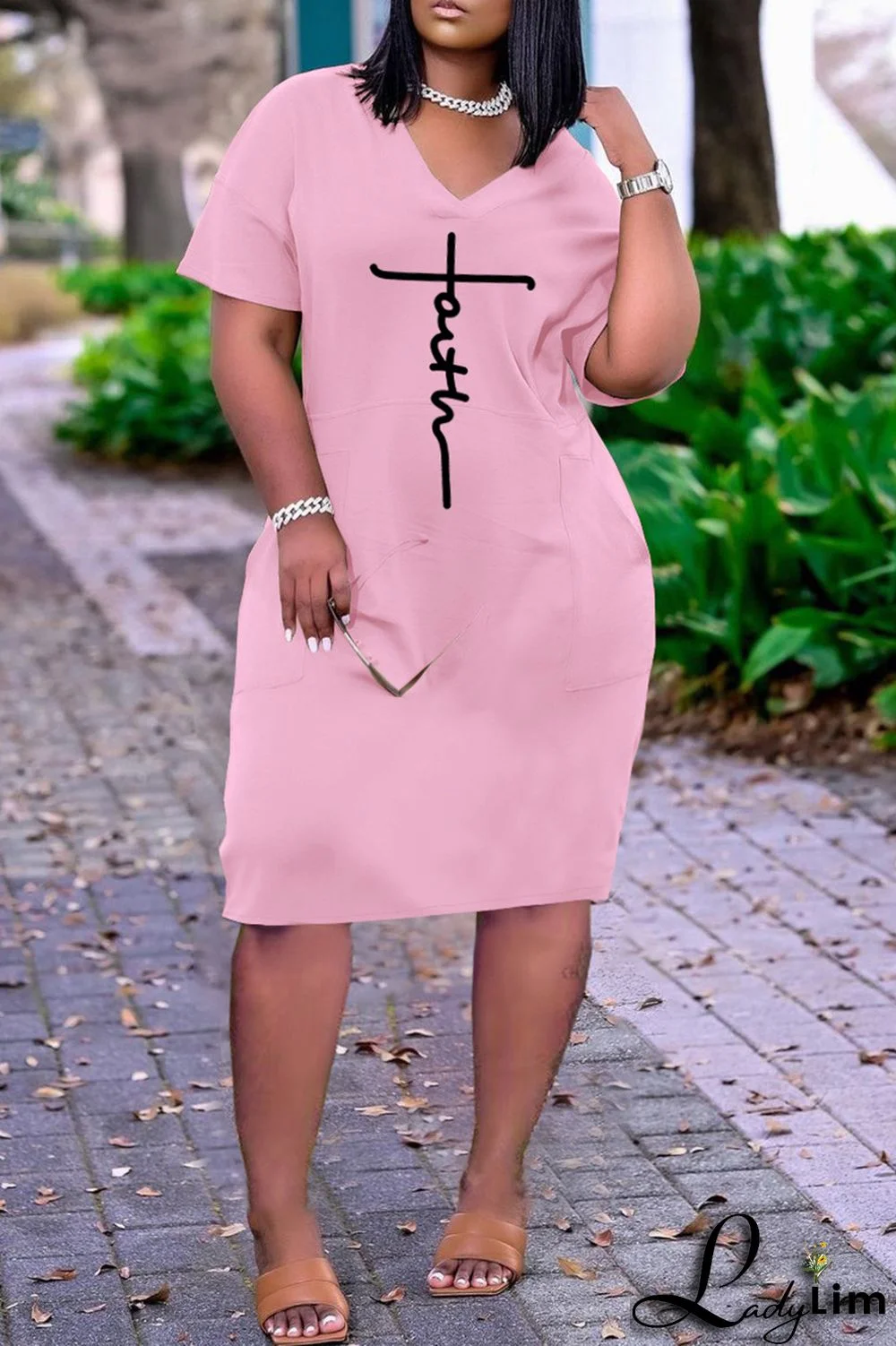 Red Fashion Casual Print Basic V Neck Short Sleeve Dress