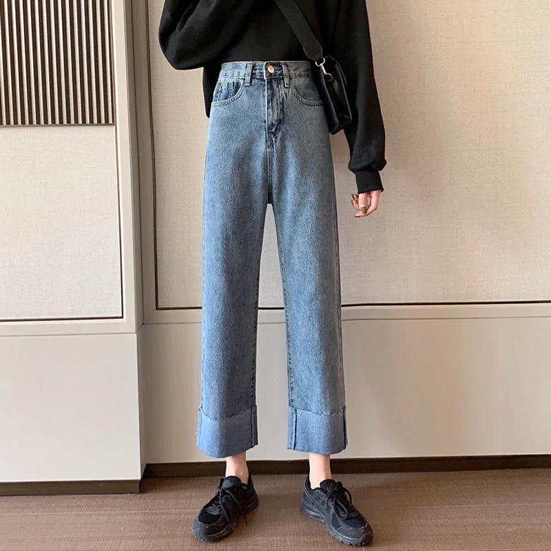 Jeans Women Casual All-match Korean Style Students Spring Cuffs High Waisted Mujer De Moda Ulzzang Fashion Pocket Streetwear Ins