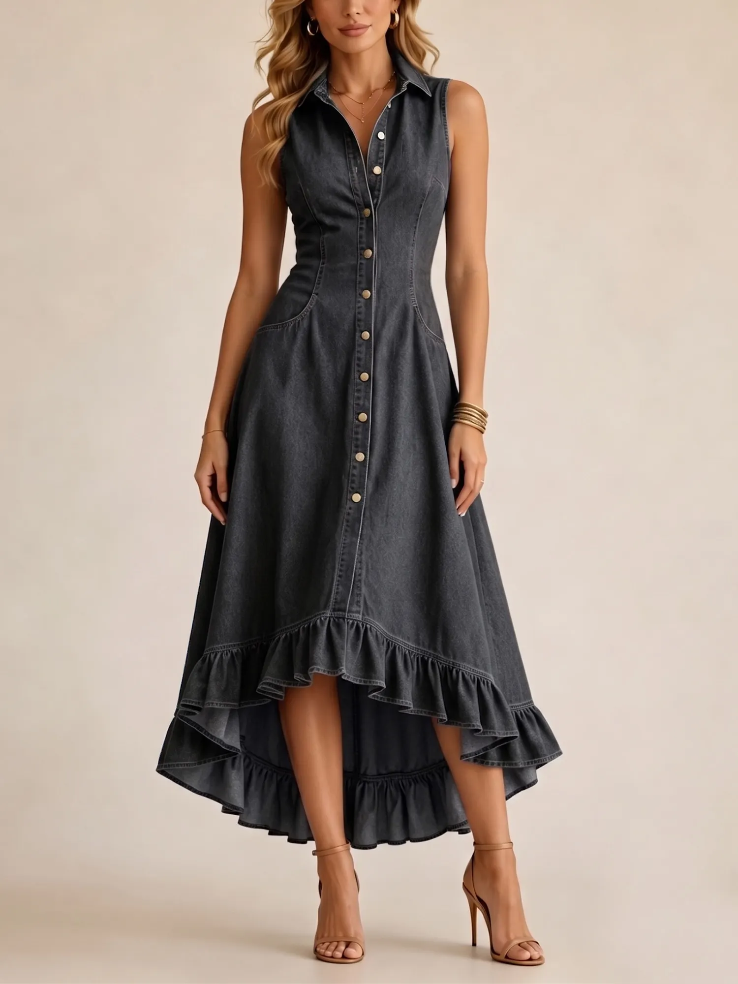 Western-Style Midi Dress &mdash; Sleeveless, Retro Single-Breasted, Short In Front, Long In Back, Ruffled Denim Fabric
