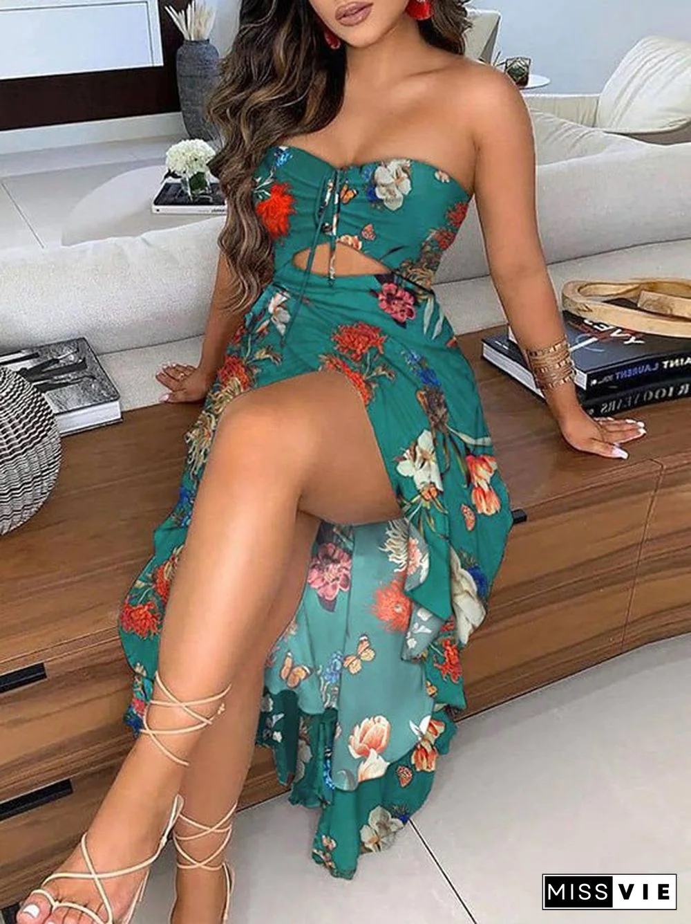 Women'S Dresses Printed Off-The-Shoulder Ruffled Slit Dress