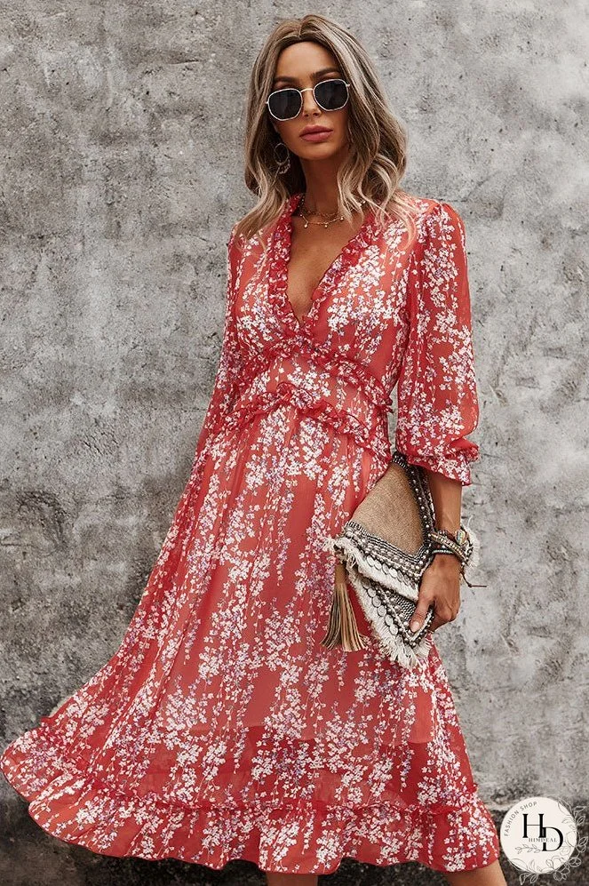 Sexy Long Sleeve Mid-Length V-neck Printed Dress
