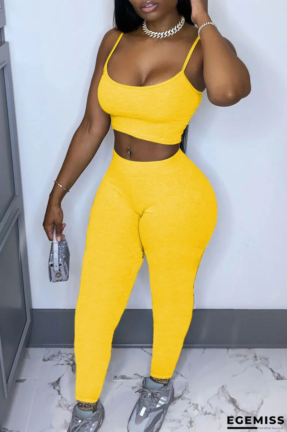 Yellow Casual Solid pencil Sleeveless Two Pieces | EGEMISS