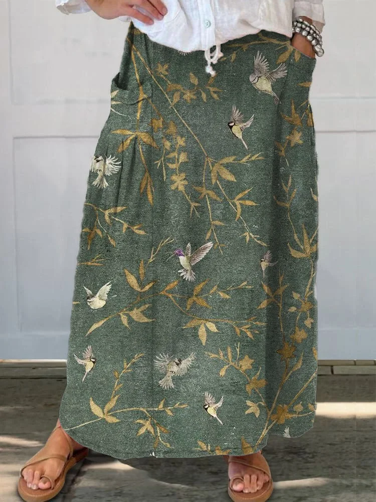 Elegant And Simple Branch Bird Printed Women's Casual Cotton And Linen Skirt