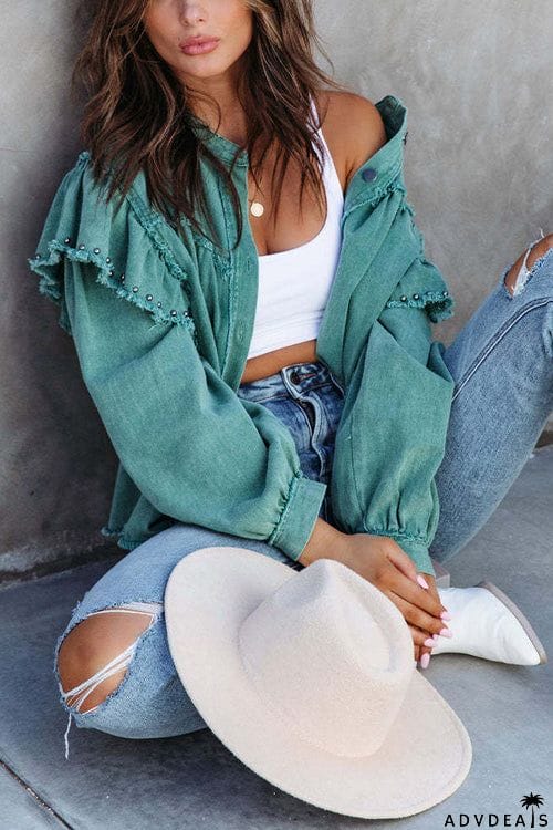 Fashion Long Sleeve Solid Color Denim Coat