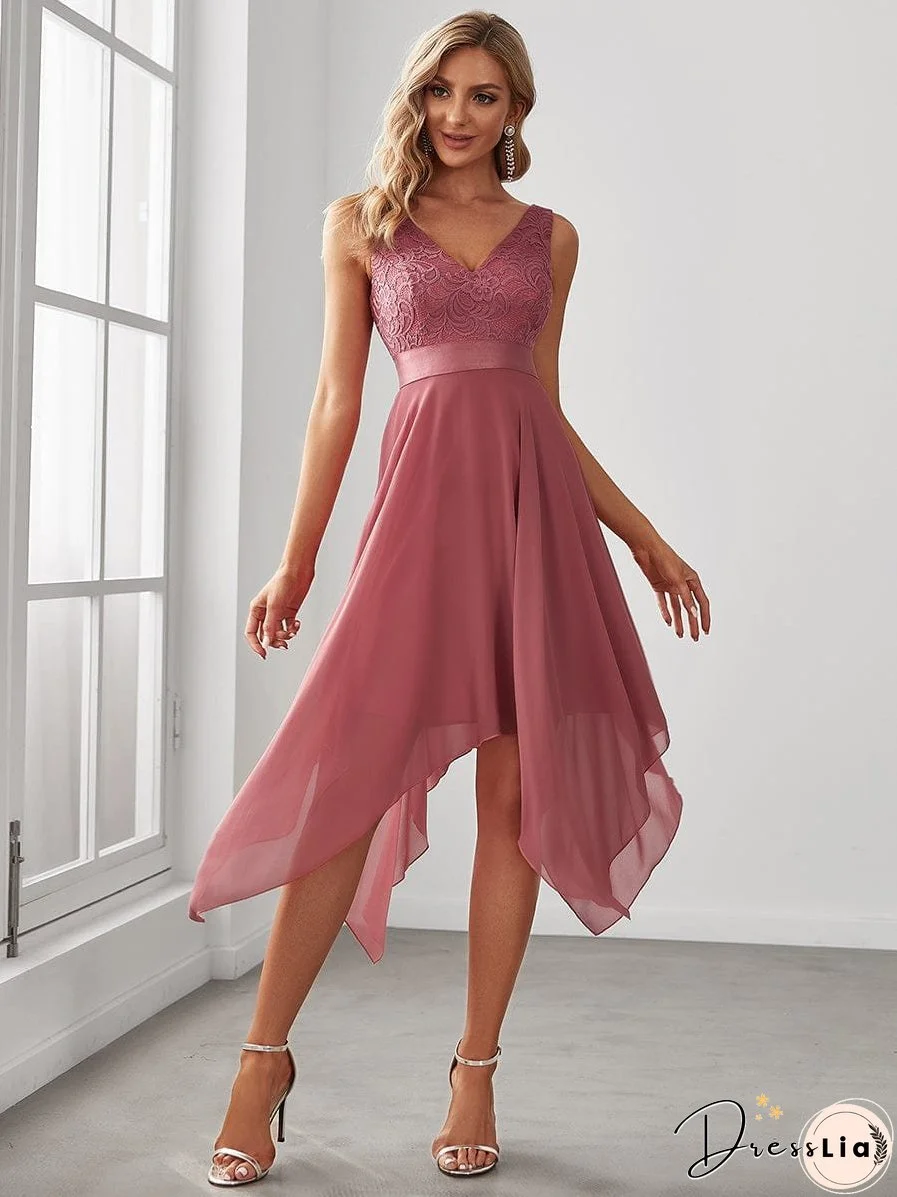 Captivating Deep V Neck A-line Sleeveless Dress with Asymmetrical Hem