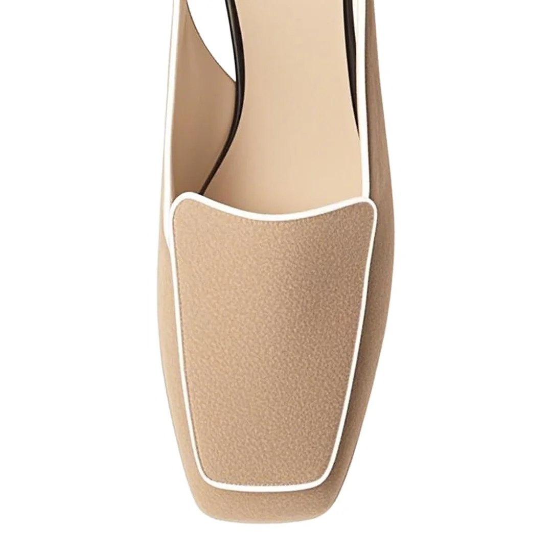 Classic Nude Square Toe Slingback Chunky Heeled Loafers Women