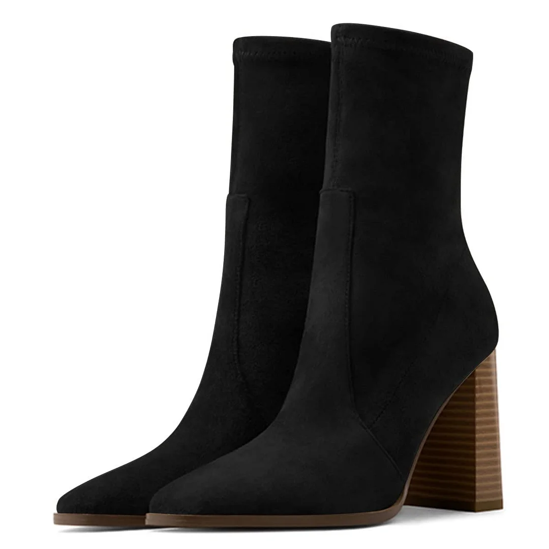 Faux Suede Square Toe Block Heeled Comfy Ankle Boots in Black