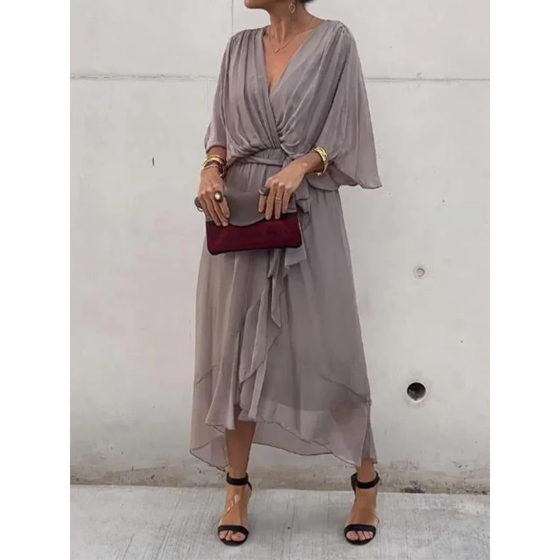 Uveng Uveng New Women's Solid Color With Long Skirt Bat Sleeve Irregular Dress Large