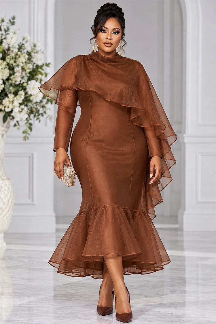Xpluswear Design Plus Size Cocktail Party Brown Mock Neck Long Sleeve Mermaid Ruffle Organza Midi Dresses [Pre-Order] 2024 - Xpluswear