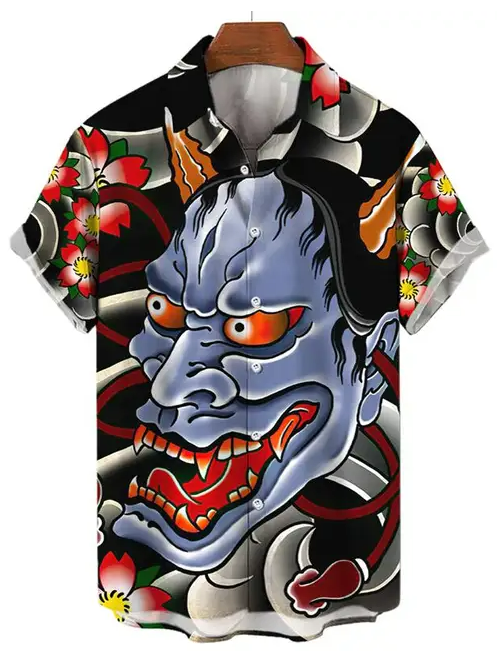 Oni Mask Floral Black Samurai Button-Up Shirt PLUSCLOTHESMAN