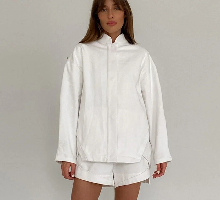 Uforever21 Fall Outfits  Casual Loose White Cotton 2 Piece Set Women Outfit 2023 Winter Fashion Stand Collar Long Sleeve Top With New Shorts Set