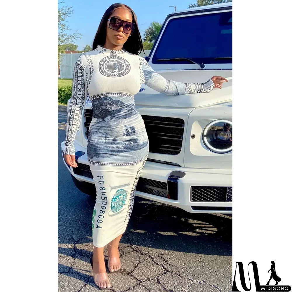 MidiSono - Money Print Sexy Long Party Dress with Full Sleeves